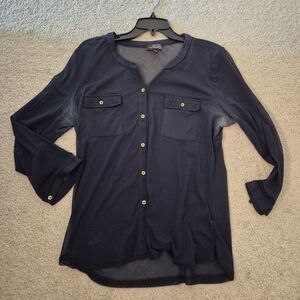 Navy Button-Up Mesh Blouse